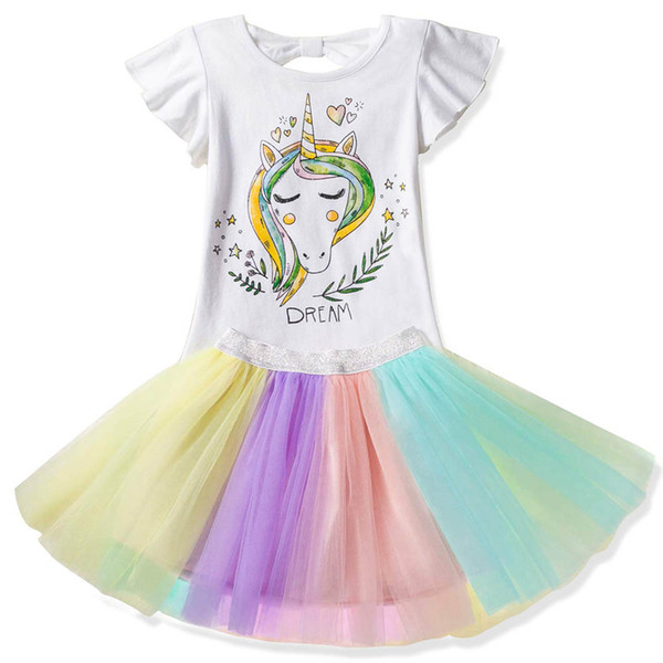 Designer Girl Clothes Set Unicorn Print Kids Tshirts + Rainbow Tutu Skirts 2019 New Summer Children Clothing Sets