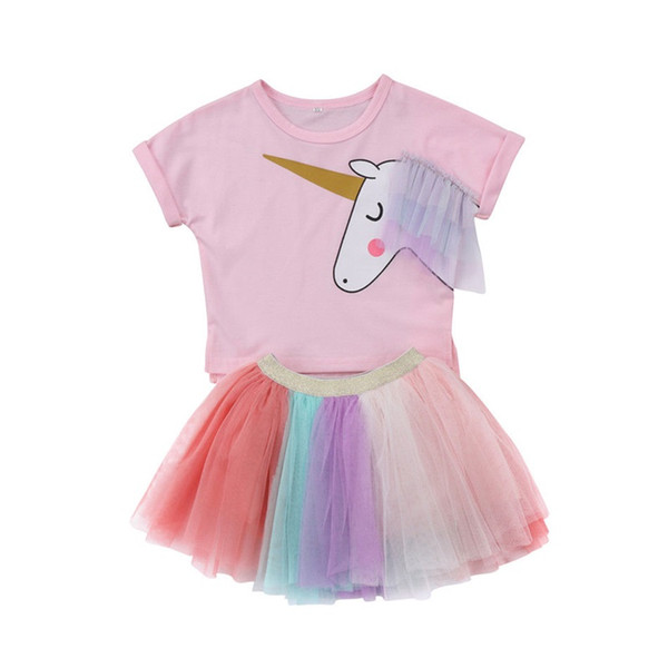 Girl Dress 2018 New Summer Casual Style Cartoon Unicorn T-Shirts+Colorful Veil Dress 2Pcs Girl Party Dress