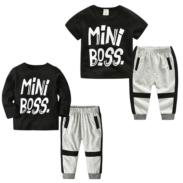 Baby INS outfits boys MiNi Boss letter print top+pants 2pcs/set 2018 summer Boutique kids Clothing Sets C4248