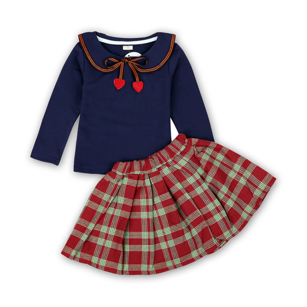 College style Baby girls lattice outfits children Bow top+Plaid skirts 2pcs/set Spring Autumn fashion Boutique kids Clothing Sets C5671