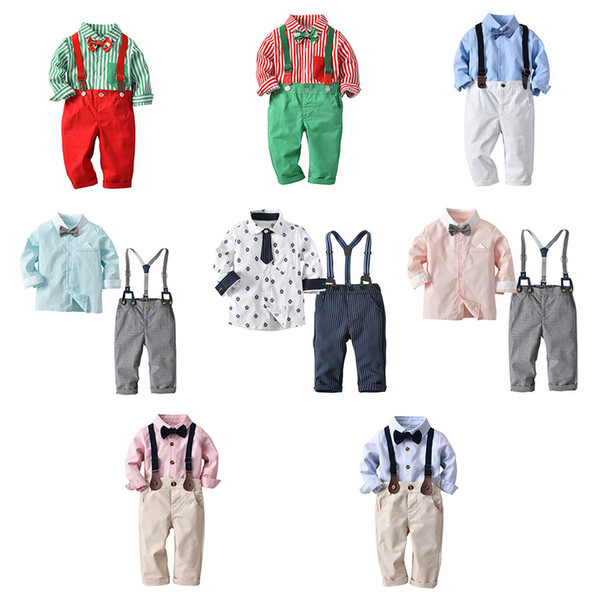 Baby boys gentleman strap outfits 2019 spring autumn Striped ties shirt+pants sets fashion Boutique kids Clothing Sets C5723