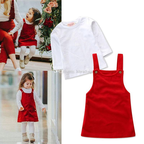 Baby girls suspender skirts outfits children Long sleeve top+red strap dress 2pcs/set Spring Autumn fashion Boutique kids Clothing SetsC5672