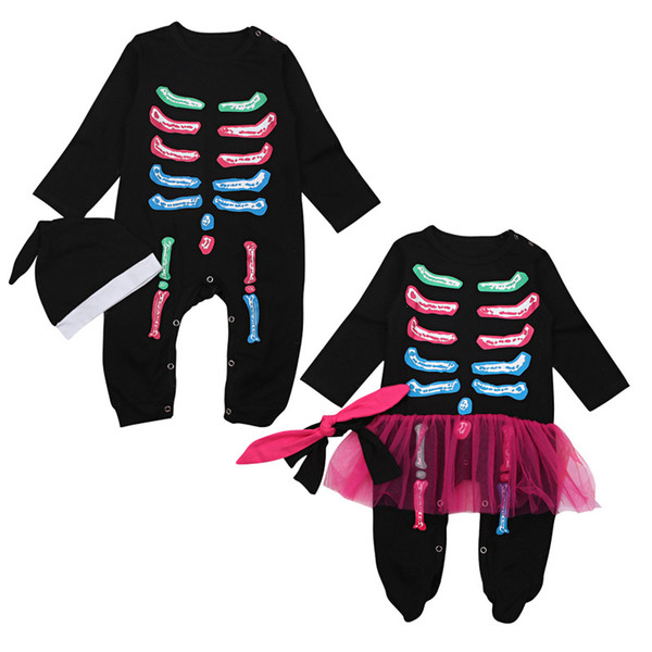 2018 Infant Halloween Rompers Set Baby Boys Girls Black Bones Jumpsuits+Headband/Caps 2 pcs Outfits INS Kids Clothing Z11