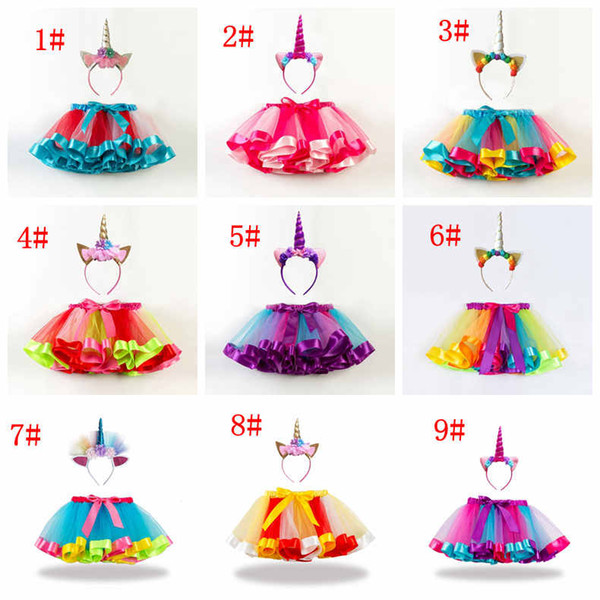 Baby girls rainbow color tutus skirts+unicorn headband 2pcs set babies lovely clothing set infant toddler holidays dress up