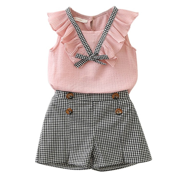 2019 new baby girls chiffon outfits set chiffon T-shirt tops+grid shorts hot pant 2pcs clothing set baby girls fashion suit