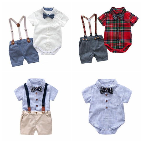 0-24 month baby boys designer outfits kids boy gentleman clothing set Shotr sleeve turn down collar romper + pants cotton 4pcs suit