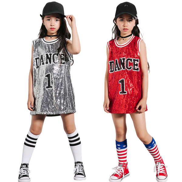 Girls Sequins Costume Hip Hop Dancewear Sparkle Sleeveless Tank Top Dress