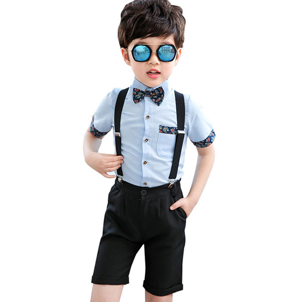 Children Boys Summer Formal Suits+Bowtie Kids Wedding Ring Bearer Short Sleeve Suspender Tuxedo Set