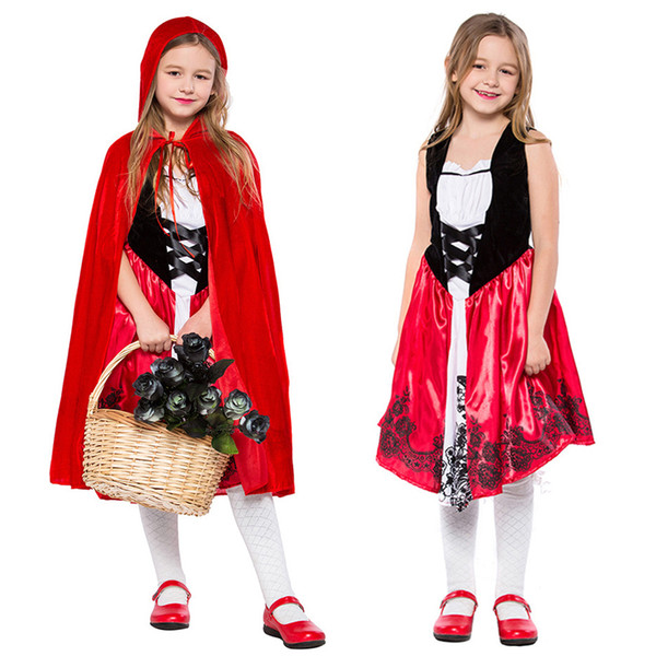 Children Girls Little Red Riding Hood Dress Halloween Cosplay Costume Fancy Dress