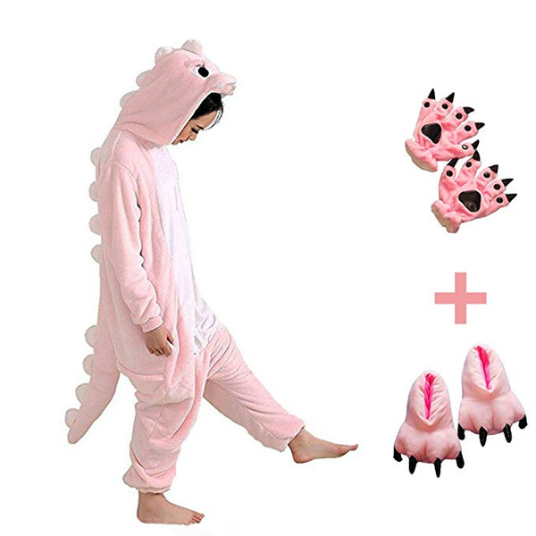 Girls Dinosaur One Piece Costume-Childrens Plush Pajamas Attach Shoes Paw