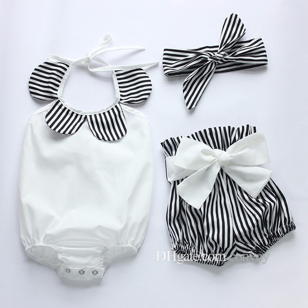 New Fashion baby girls bowknot Romper+ pants +headband 3pcs outfits set kids Toddler Stripe Rompers Triangle climb clothes KST11