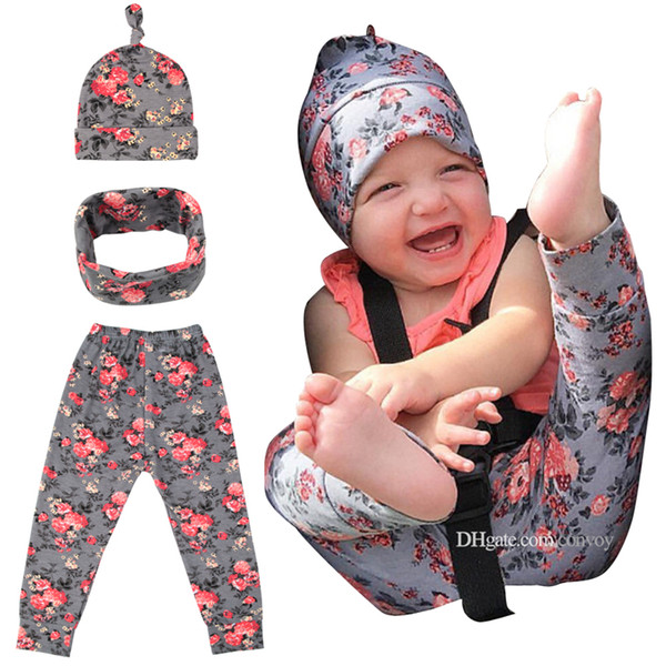 Boy&Gril Crawlers Children pants set Baby Printed trousers Hat scarf set Cotton cloth Kids flower printed Suit BHB23