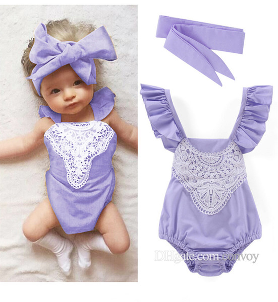 New 2017 Infants baby rompers girls clothes floral lace rompers Bodysuit with headbands Ruffles sleeve 2pcs set summer briefs KST16