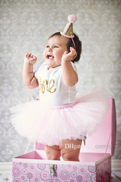 ins new baby girl Number one letter print Romper+Tutu Skirt+headband 3pcs Birthday Set outfits kids cotton clothes suit for babies KST09