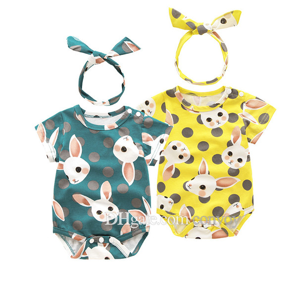 Newborn baby rompers with Animal Rabbit Print Kids Girls Cute Short sleeve Bodysuit headbands 2pcs set summer Triangle climb clothes KST17