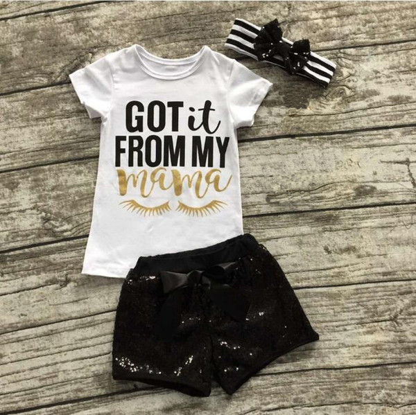 2017 INS Baby girls Summer letters T-shirt + Sequin Short+Headband Set Children Kids Fashion Short sleeve bowknot Headband 3pcs set KST31