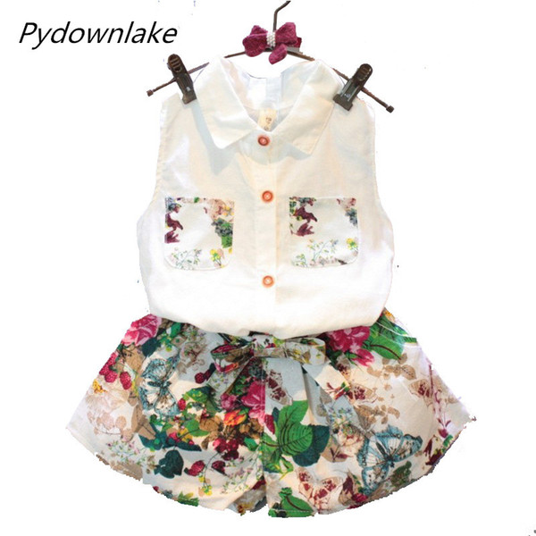 2018 New Fashion Summer Children Girl Set Kids Clothes Flowers Chiffon Halter Tops + Bows shorts Baby Girls Clothing Sets Suits