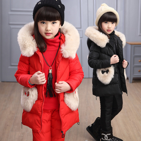 Children Cotton three pieces Sets Girls Clothing with fur hood Winter vest + underskirt + Trousers Snow Warm Kids Clothes Suit