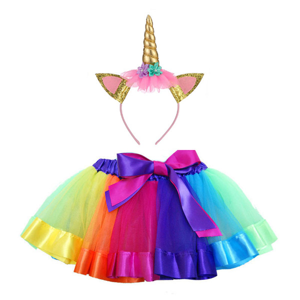 hot sale Girls rainbow Tutu skirt with unicorn headband children unicorn dress Girls Birthday Party Dress kids dance skirt 1-14Y