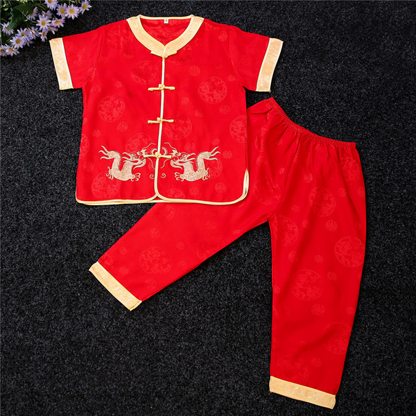 Shanghai Story Red Short Sleeve Chinese traditional embroider dragon sets for kids boy's kungfu suit sets Martial Arts Sets