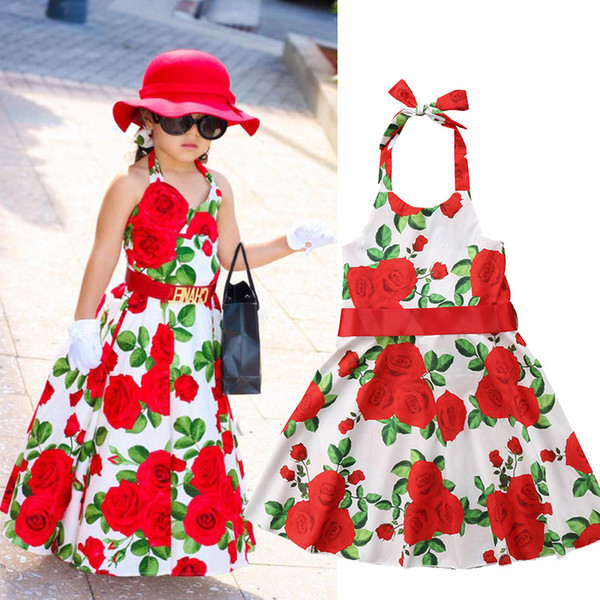 Baby girls Rose Print Dress INS Strapless Suspender Children Bow Flowers Princess Dresses 2018 New Boutique Kids Beach Dress