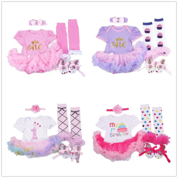 Floral Baby Girl Dress Suit Infant Bodysuit Leggings Shoe Headband 4pcs Set Princess Girls Ball Gown Jumpsuits Crown Outfit 0-2Year Rompers