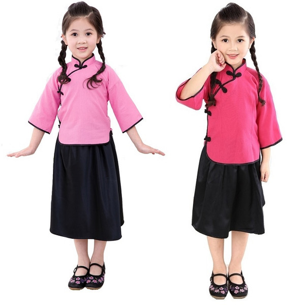 Hooyi Girls School Clothes Suits Fashion Children Jumper Skirts 2-pieces Sets Chinese Costumes 100% Cotton Qipao Sets 6-16 Dress Outfits