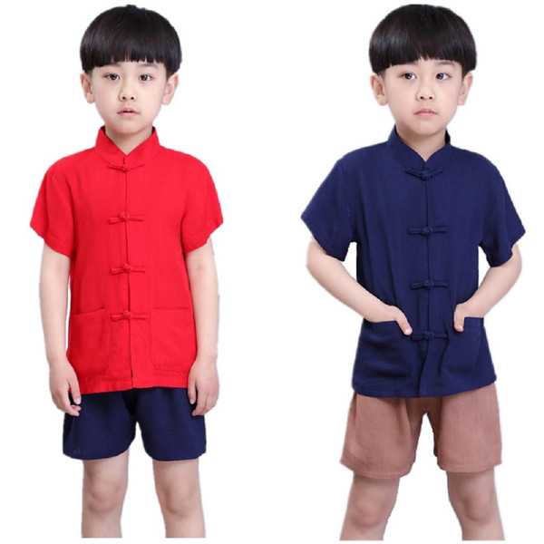 Chinese Traditional Children Tang Clothes Set Solid Baby Boys Tee Shirt Trousers Kungfu Costumes Cheongsam Kids Sport Suit Linen