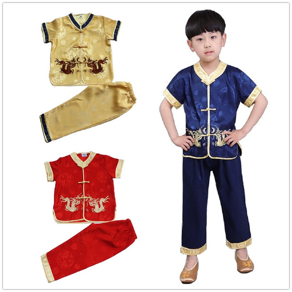 Chinese Traditional Kungfu Suit For Children Tang Clothes Set Embroidery Dragon Baby Boys Cardigan Tee Trouser New Year Costumes