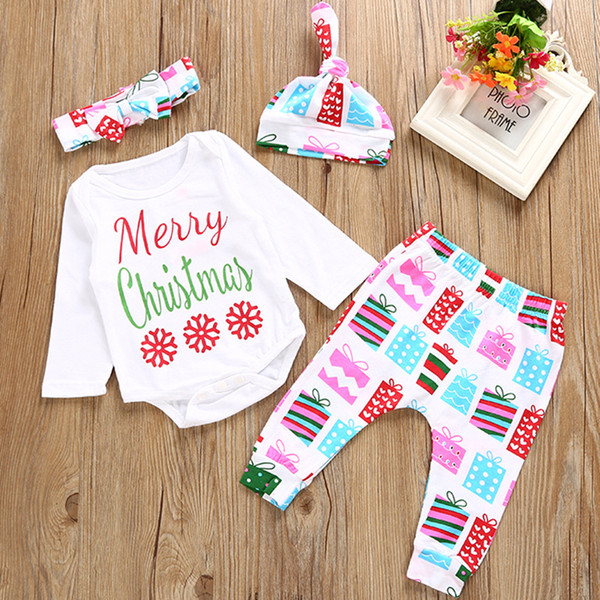 Christmas Gift Baby Girl Clothes Suit Cotton X'Mas Newborn Bodysuits Trouser Hat Hairband 4-Pieces Clothing Infant Jumpsuit 0-2Y