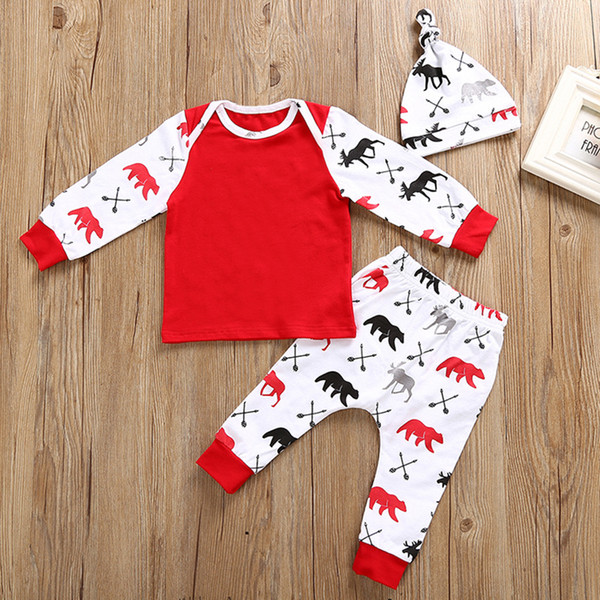 Christmas Baby Boy Clothes Set 100% Cotton Newborn Tee Shirts Pant Hat 3PCS Clothing Suit Infant Jumpsuits Pajamas Deer Bear 0-2Year