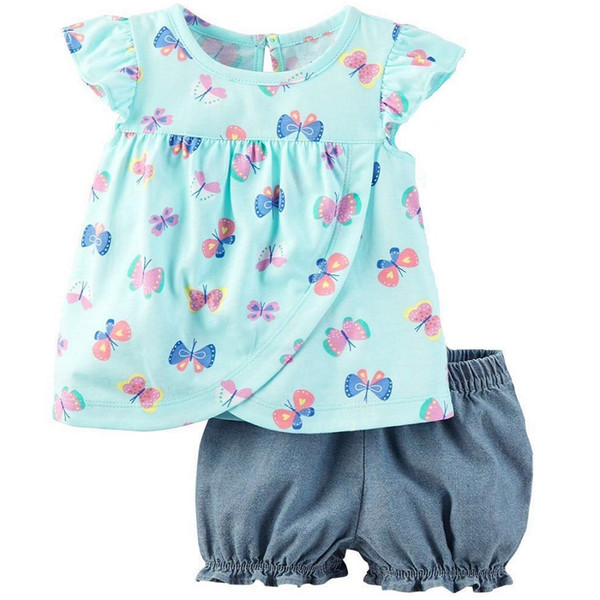 Blue Butterfly Baby Girl Clothes Set Children Dresses Outfits Cotton 2pcs Clothing Suit Girls Blouse Short Pant Outfits 0-2 Year