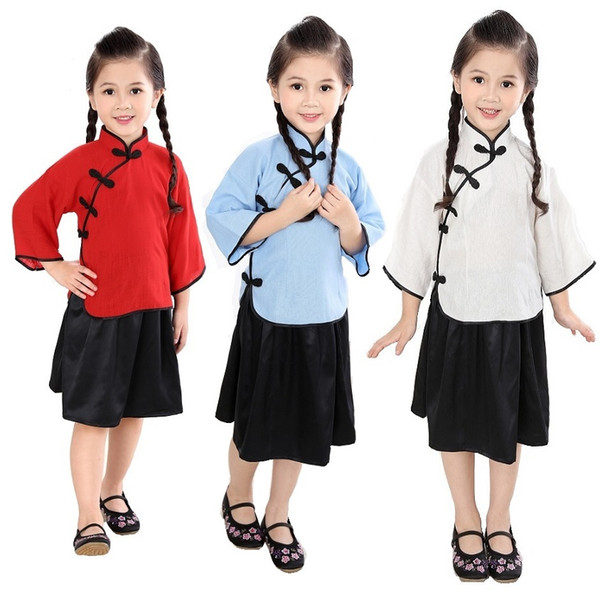 Hooyi Girls T-Shirt Jumper Skirts Clothes Suits Fashion Children School Clothing Sets Chinese Style Costumes 100% Cotton Sets