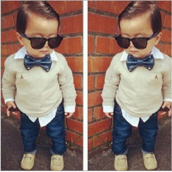 Hooyi Handsome Boys Clothes Sets Children Bow Tie Shirt + Jean Pant Suit Baby Boy Outfits Kids Clothing Fashion 2-Pieces Set