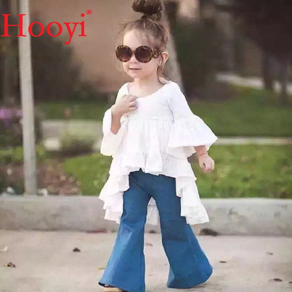 Hooyi Princess Girls' Clothes Sets Children White Shirt + Blue Jean Pants Suit Outfits 2-Pieces Sets Girl Jumper Dresses Blouses Hot Sale