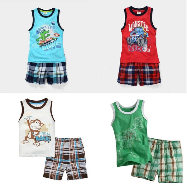 Monkey Baby Boy Clothes Suit Summer Sleeveless Boys T-Shirts Pants 100% Cotton Tank Tops Tee Shirt Grid Panties 2-Piece Singlets Outfits