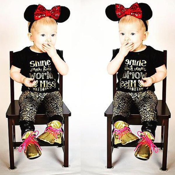 Fashion Baby Girl Clothing Set Shine Children Black T-Shirt + Golden Pant Cotton Kid Clothes Suit Outfit Girl Clothing Tee Shirt Trousers