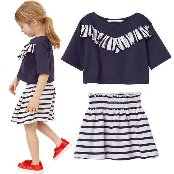 Fashion Baby Girls Tee Shirt Stripe Skirt Children Clothes Sets Navy Sailor Girl Jumper High Wasit Kilt Kids Outfits 2-7Year Dress