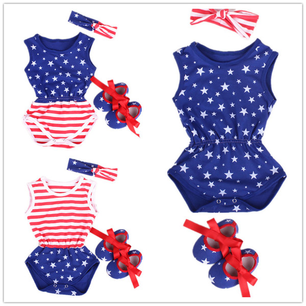 Flag Baby Girl Bodysuit Newborn Jumpsuit First Walker Headband Infant Sleeveless Shirts Cotton Girls Outfits Top 0-2Year Costumes