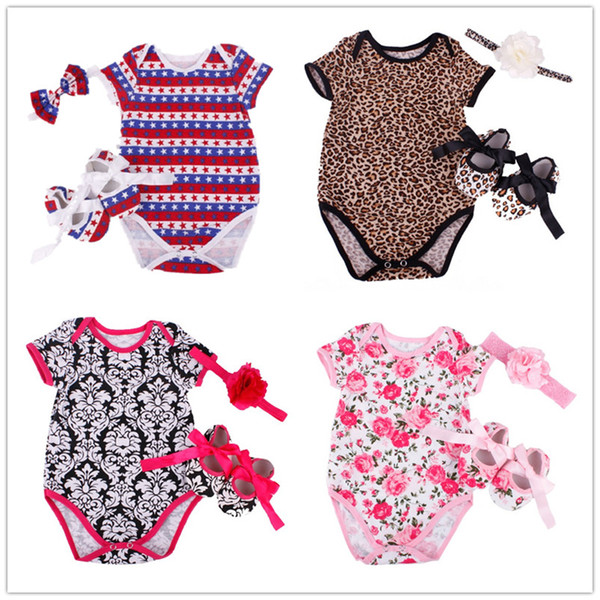 2019 Baby Clothes Suit Shoe Hairband Three-Pieces Suit Newborn Jumpsuits Zebra Bodysuit First Walker Leopard Star Girls Clothing