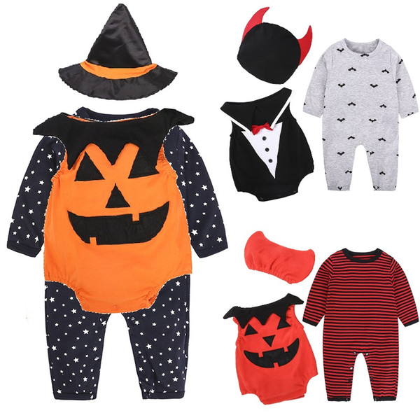 Halloween Baby Boy Clothes Sets Pumpkin Costumes Newborn Rompers Hat Bat Suits Infant Jumpsuits Tuxedo Grey Babies Outfits Cap Bodysuit