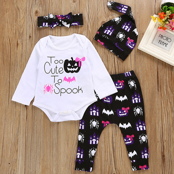 Halloween Costumes Baby Girl Clothes Sets 100% Cotton Newborn Bodysuits Pant Hat Hairband Suit Pumpkin Bat Spider Spook Jumpsuit