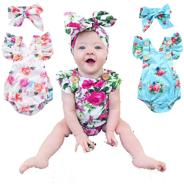 Backless Baby Girl Clothes Headband Clothes Suit Floral Newborn Bodysuit Cotton Infant Clothing Outfit Bow Haidband Jumpsuit Top Quality