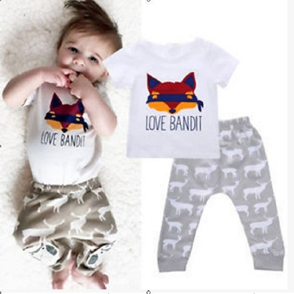 2018 New Baby Boy Clothes Set Fashion Love Bandit Baby Clothing Suit 100% Cotton Toddler Jumpsuit Girls Outfits Grey Pant Deer Elk Trouser