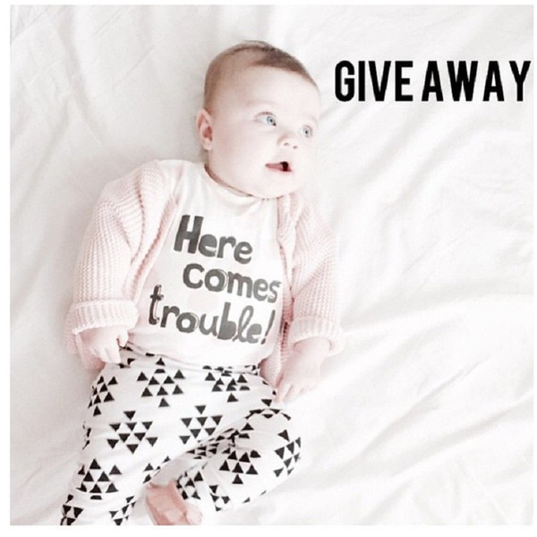 Hooyi Fashion Girls Clothes Set Baby T-Shirt Pant Suits Cotton Infant Clothing Suits Outfit Here Come Trouble Tee Shirts Trouser JUmpsuits