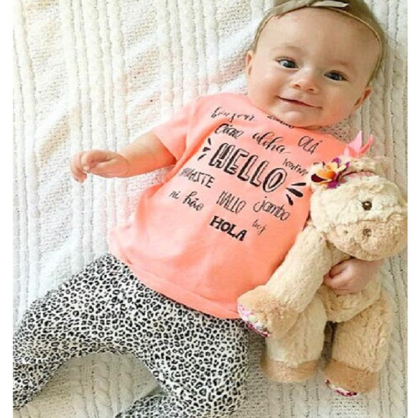 Hooyi New Baby Girl Clothes Set Hello Infant T-Shirt Pant Suits Cotton Newborn Clothing Suits Leopard Outfit Tee Shirts Trouser