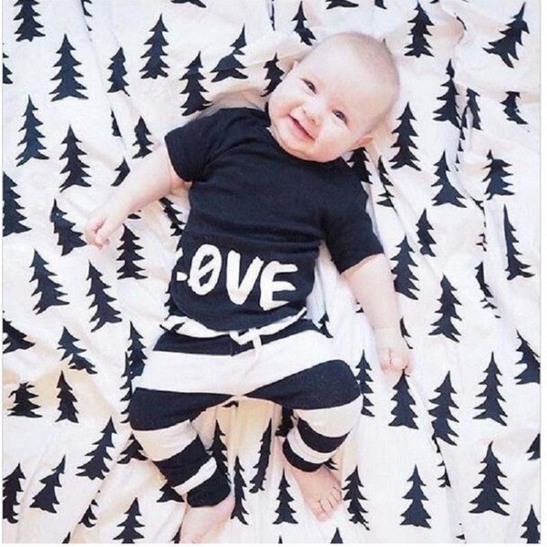 Love Baby Boys Clothes Set 2018 Babe Black T-Shirt Stripe Pant 100% Cotton Toddler Clothing Suit Outfits Fashion Tracksuits Tops Tee Shirts