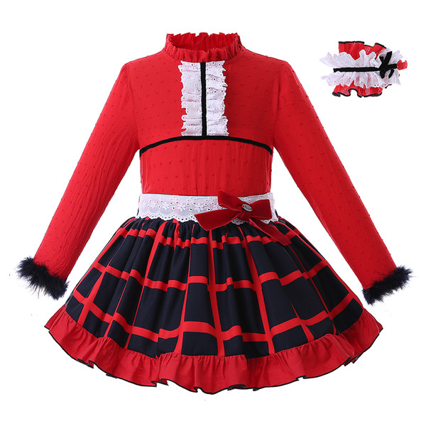 Pettigirl Red Girls Clothing Set With Headwear Long Sleeve Tops +Plaid Skirts Boutique Children Designer Clothes Girls G-DMCS107-B358