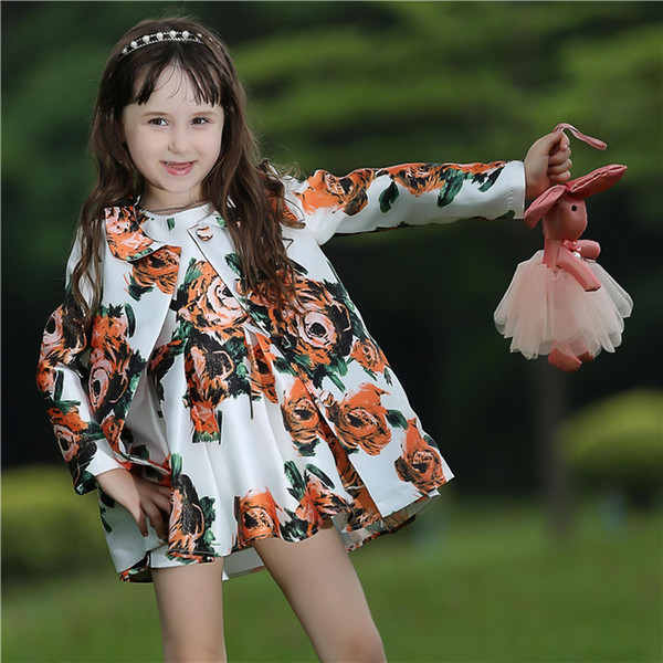 2016 Autumn Child Girls Clothing Set With Dresses And Flower Coat Children Outfits For Kids Clothing CS80727-1L