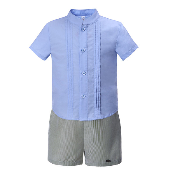 Pettigirl Summer Boy Clothing Sets Casual Mandarin Collar Blue T Shirts and Stripe Short Cotton Kids Designer Clothes BoysB-DMCS004-B2